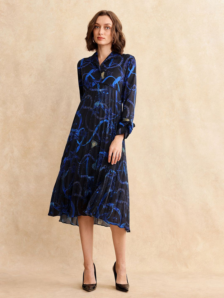 RAREISM Women Printed Shirt Collar Fit & Flare Pleated Midi Dress