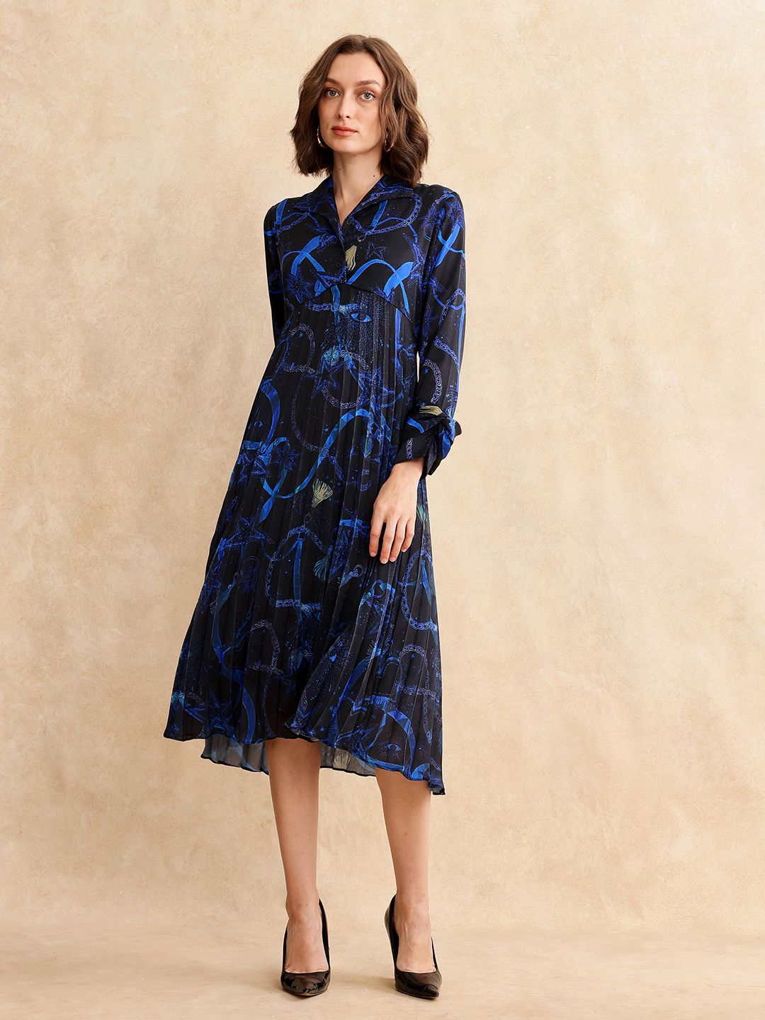 RAREISM Women Printed Shirt Collar Fit & Flare Pleated Midi Dress
