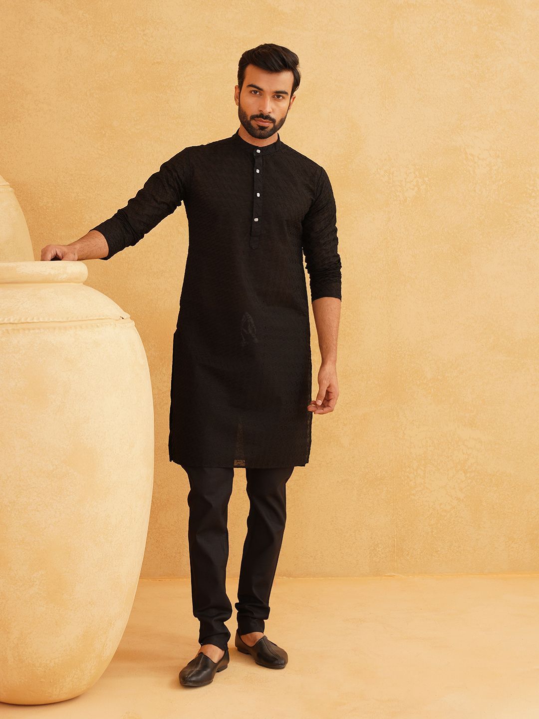 SOJANYA Motif Etnik Bersulam Kolar Jalur Kapas Tulen Kurta Panjang Lurus