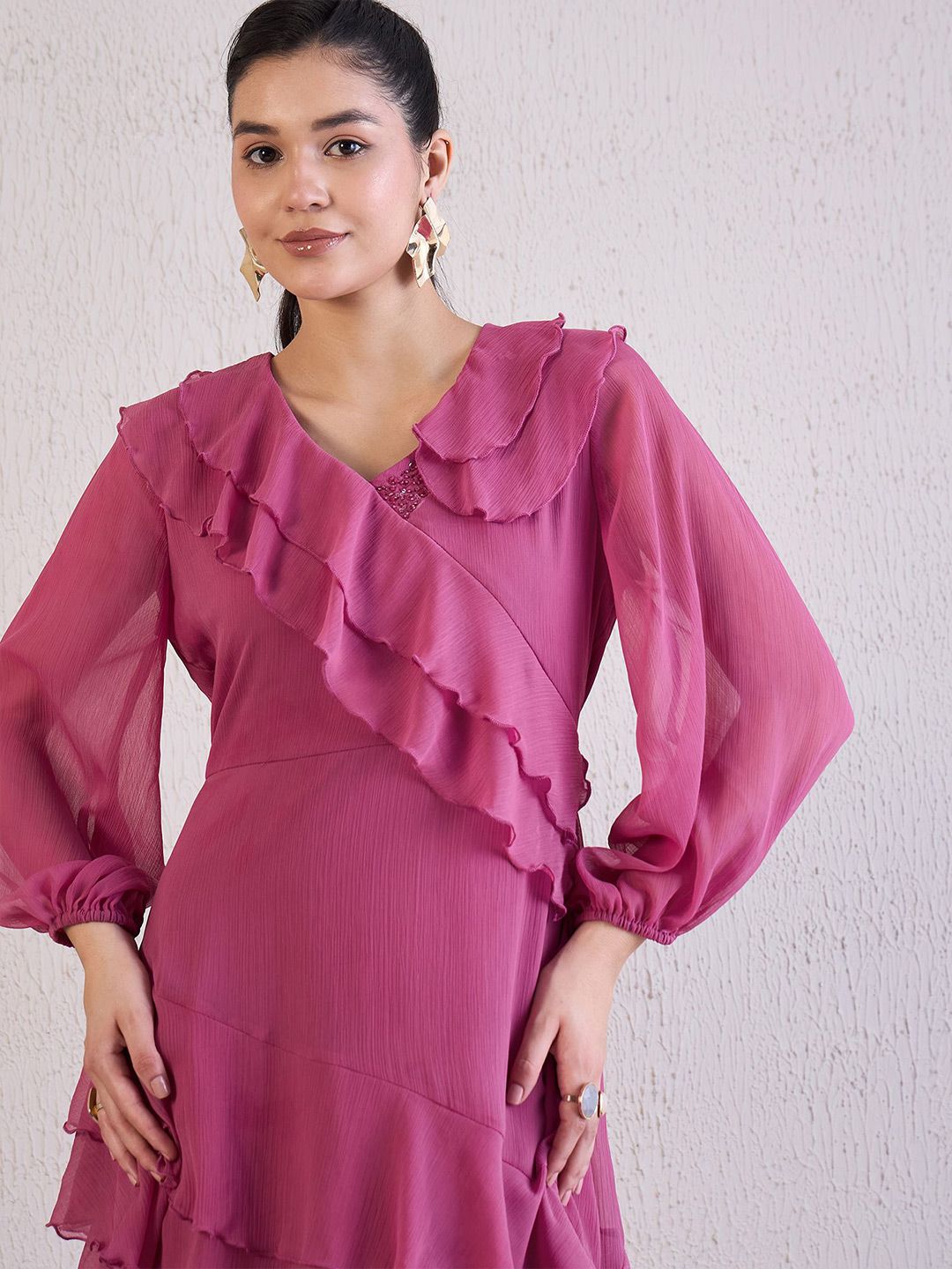 Antheaa Puff Sleeve Chiffon Maxi Dress