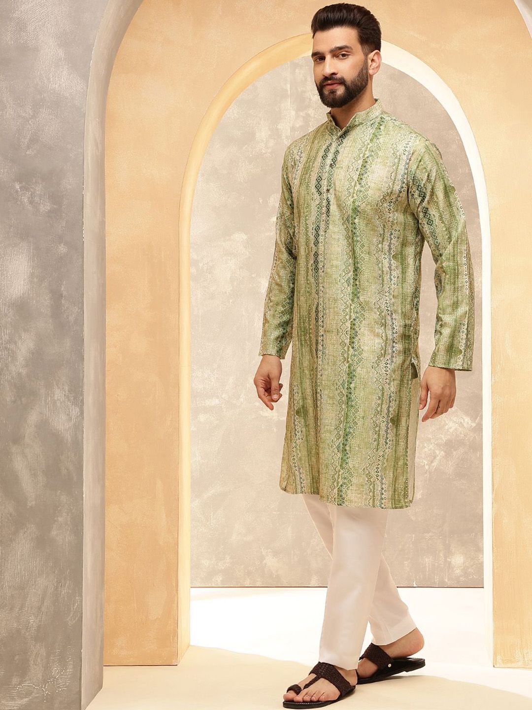 SOJANYA Ethnic Motifs Printed Band Collar Cotton Silk Straight Kurta