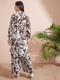 Vishudh Brown Printed Shirt collar Three-Quarter Sleeves Shirt With Palazzo