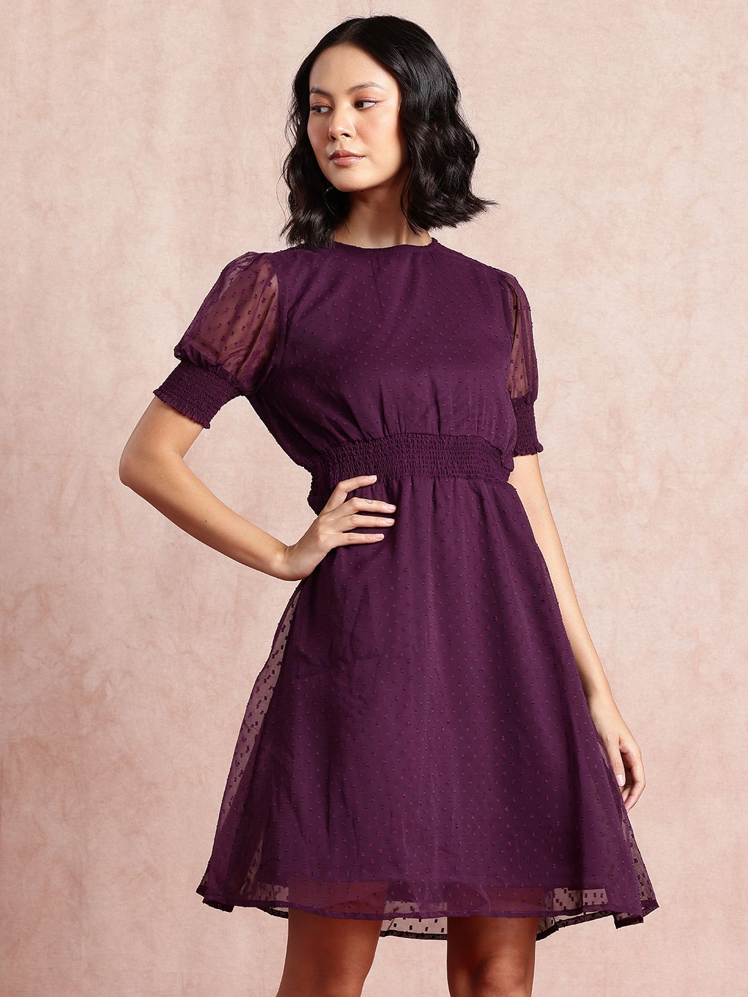 all about you Dobby Detail Smocked Fit & Flare Dress