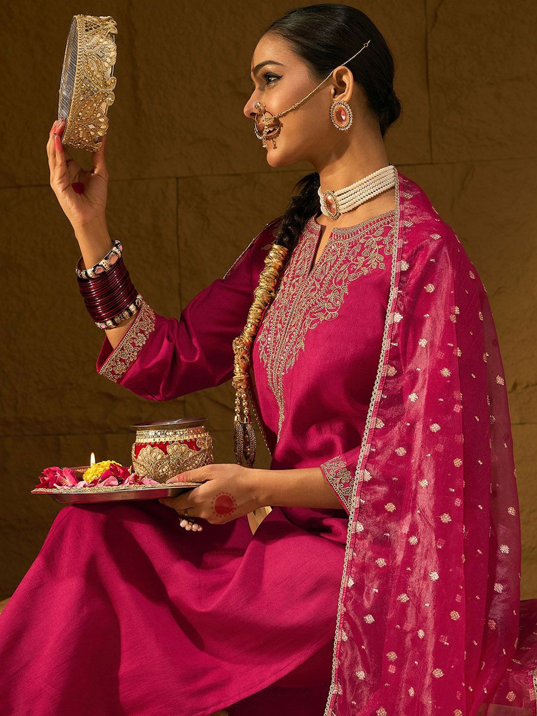 Indo Era Ethnic Motifs Yoke Design Straight Zari  Liva Kurta with Trousers & Dupatta