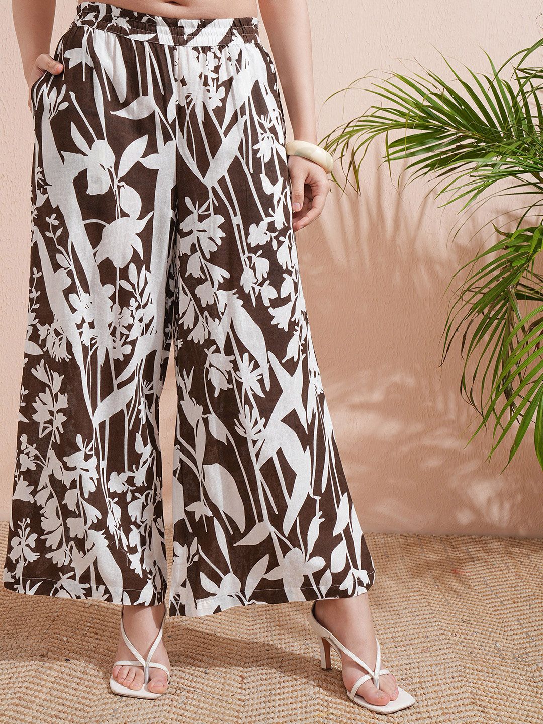 Vishudh Brown Printed Shirt collar Three-Quarter Sleeves Shirt With Palazzo