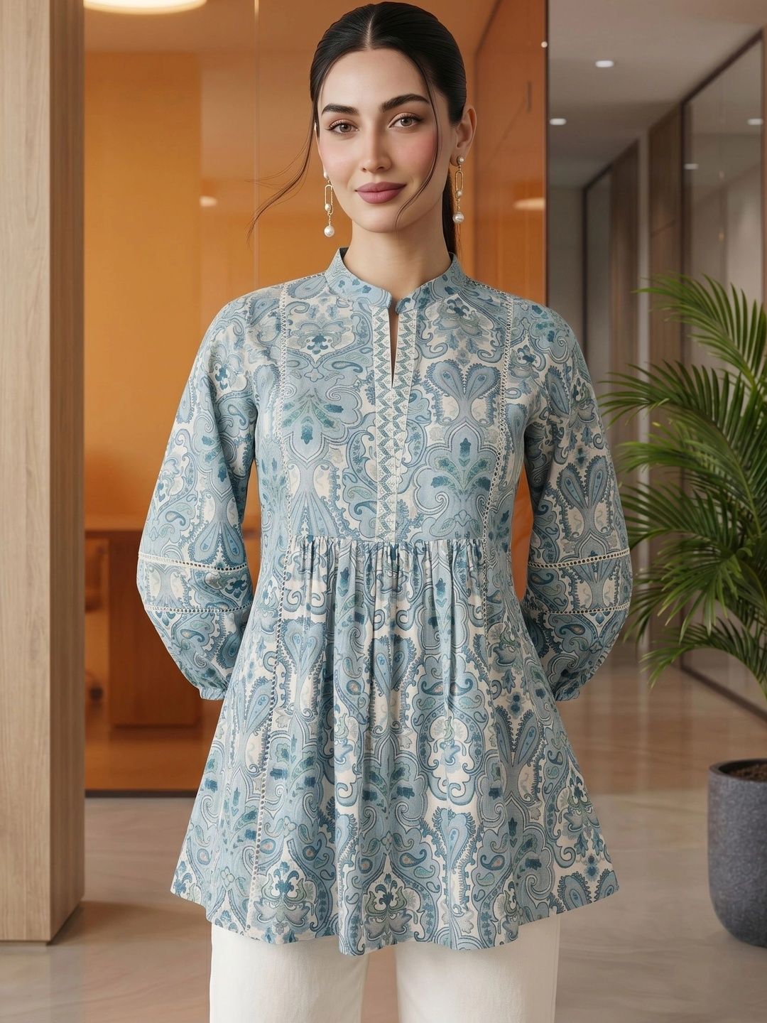 Mamicha Print Mandarin Collar Bishop Sleeves Cotton Top