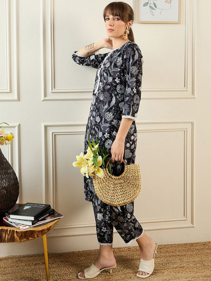 Indo Era Floral Printed Notched Neck Pure Cotton Straight Tunic With Trouser