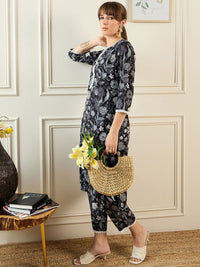 Indo Era Floral Printed Notched Neck Pure Cotton Straight Tunic With Trouser