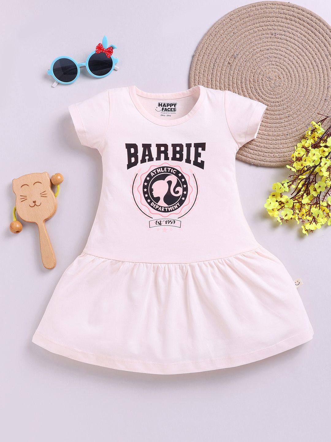 Happy Faces Girls Barbie Printed Pure Cotton Fit & Flare Dress