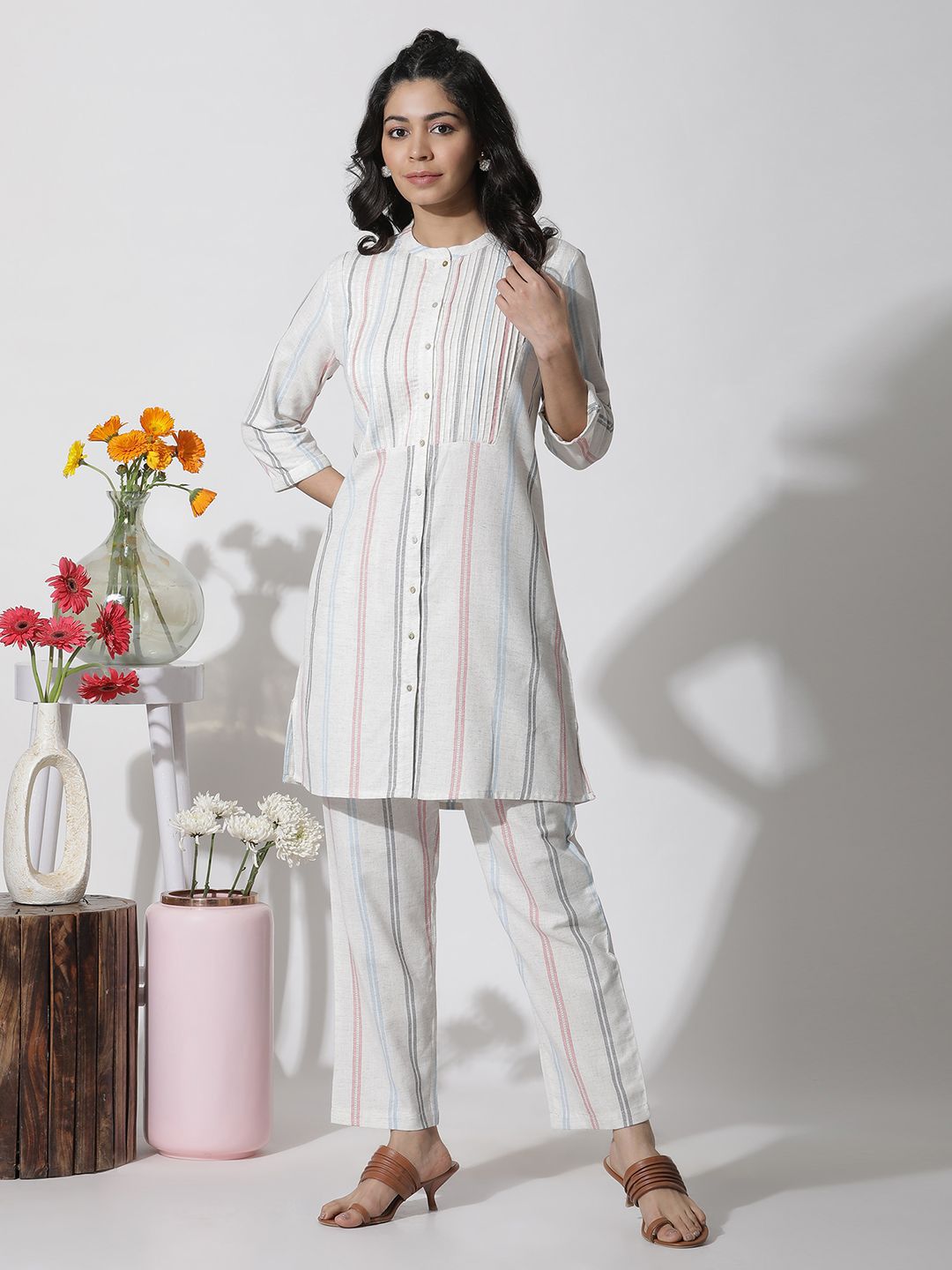 W Striped Mandarin Collar Tunic with Trouser