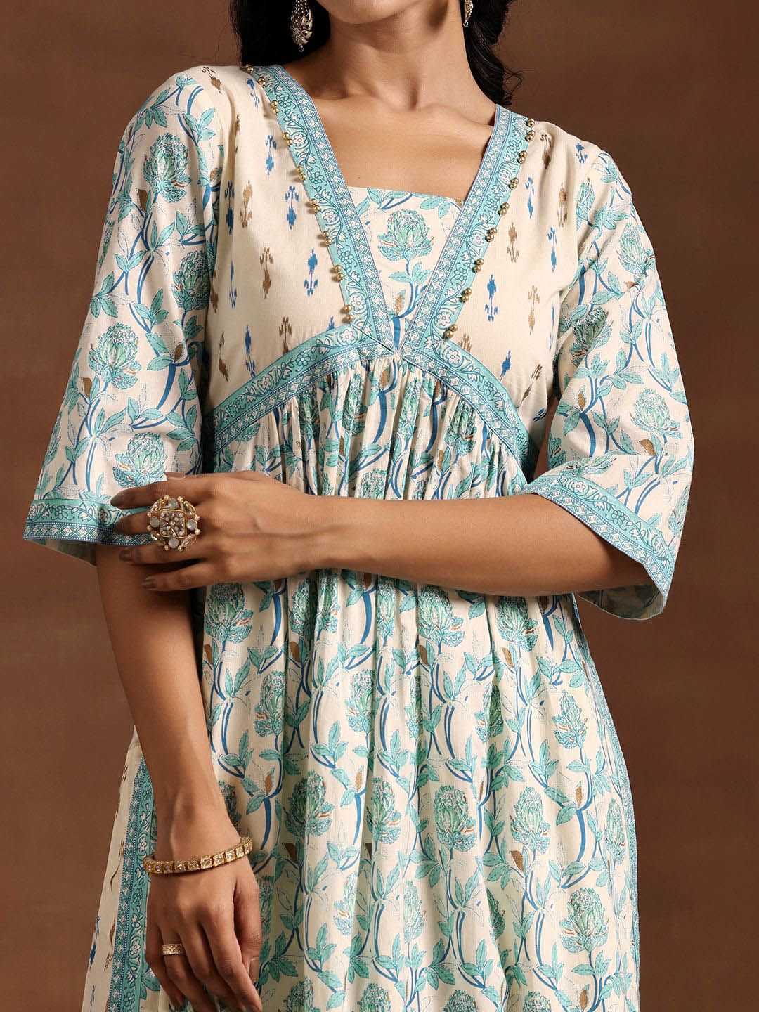 Libas Women Floral Printed Empire Beads and Stones Pure Cotton Kurta with Salwar