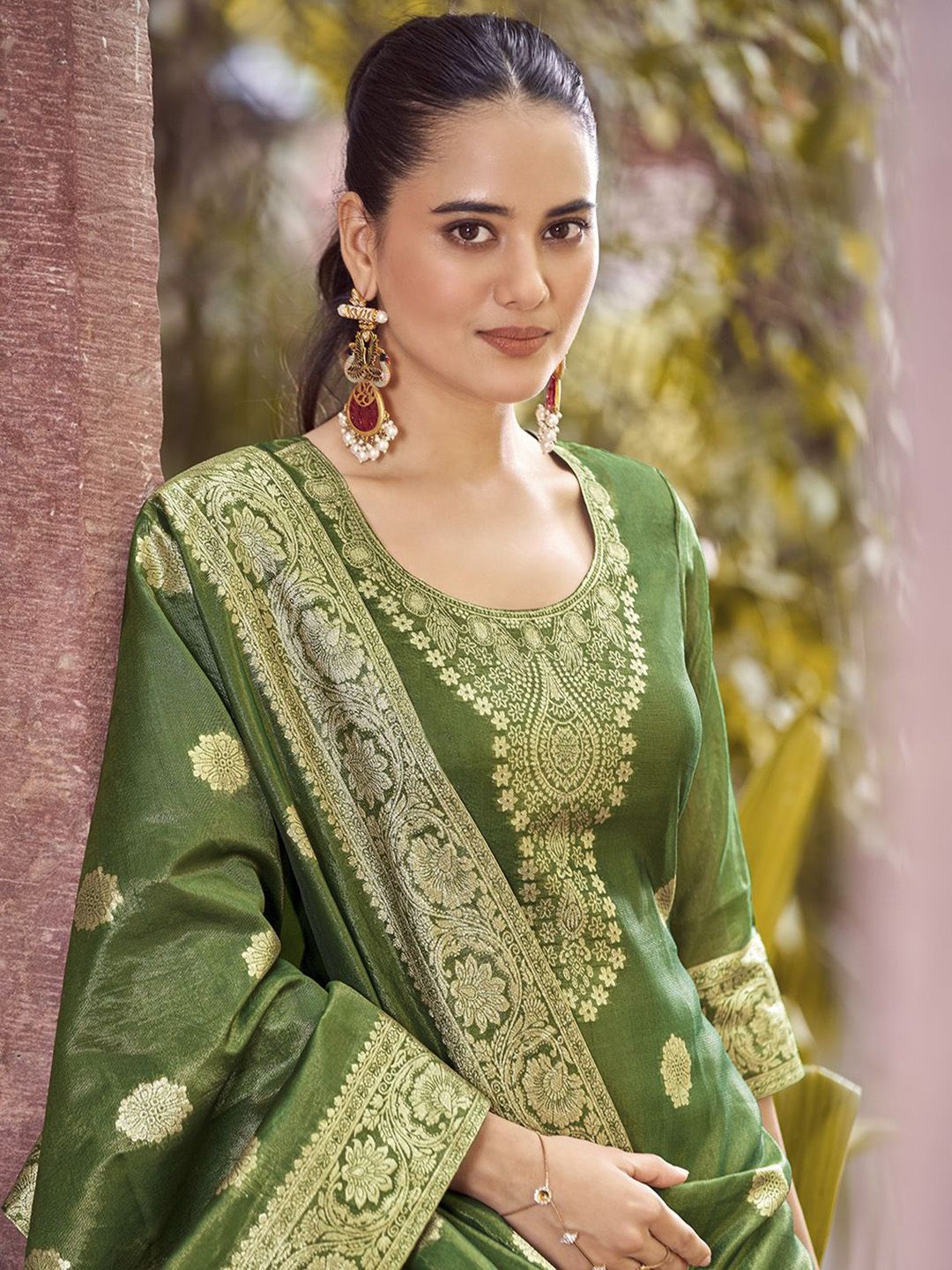 KALINI Women Woven Straight Silk Blend Kurta with Trousers & With Dupatta