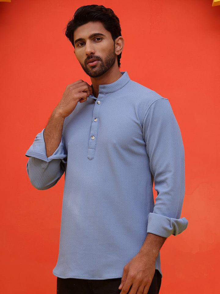 Jompers Striped Band Collar Long Roll-Up Sleeves Straight Kurta
