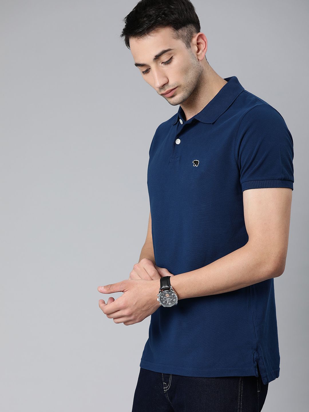 THE BEAR HOUSE Men Blue Solid Polo Collar Pure Cotton T-shirt