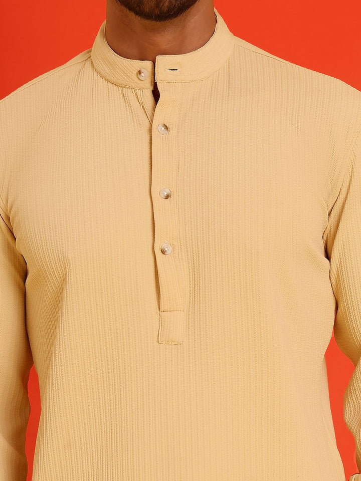 Jompers Striped Band Collar Long Roll-Up Sleeves Straight Kurta