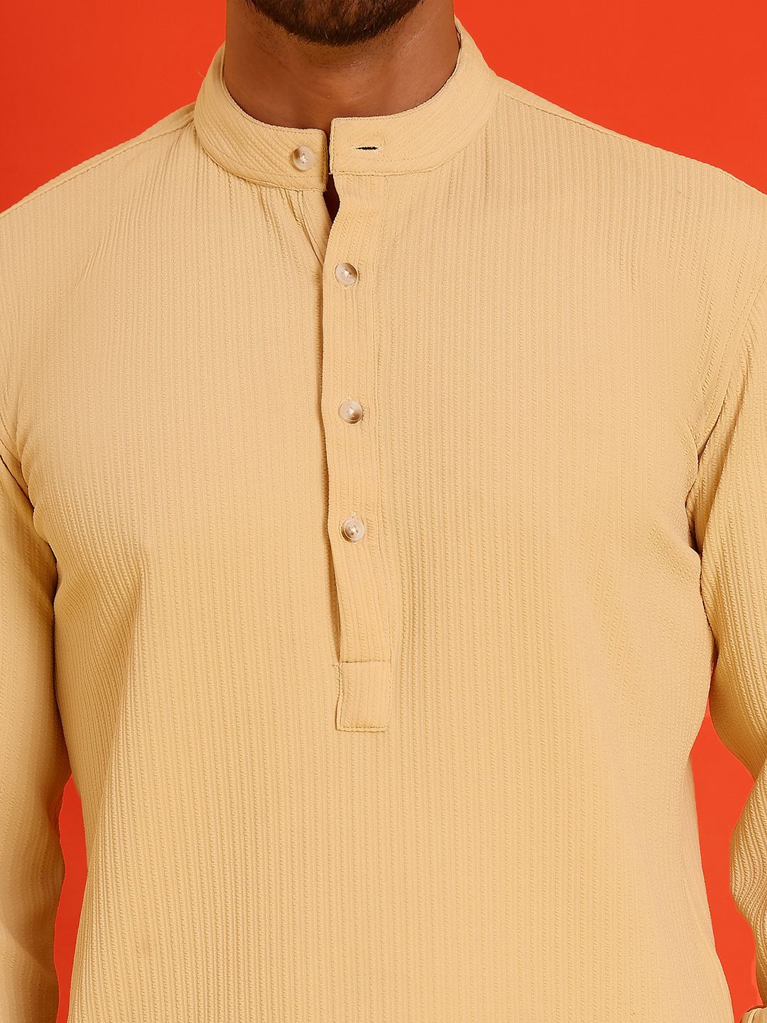 Jompers Striped Band Collar Long Roll-Up Sleeves Straight Kurta