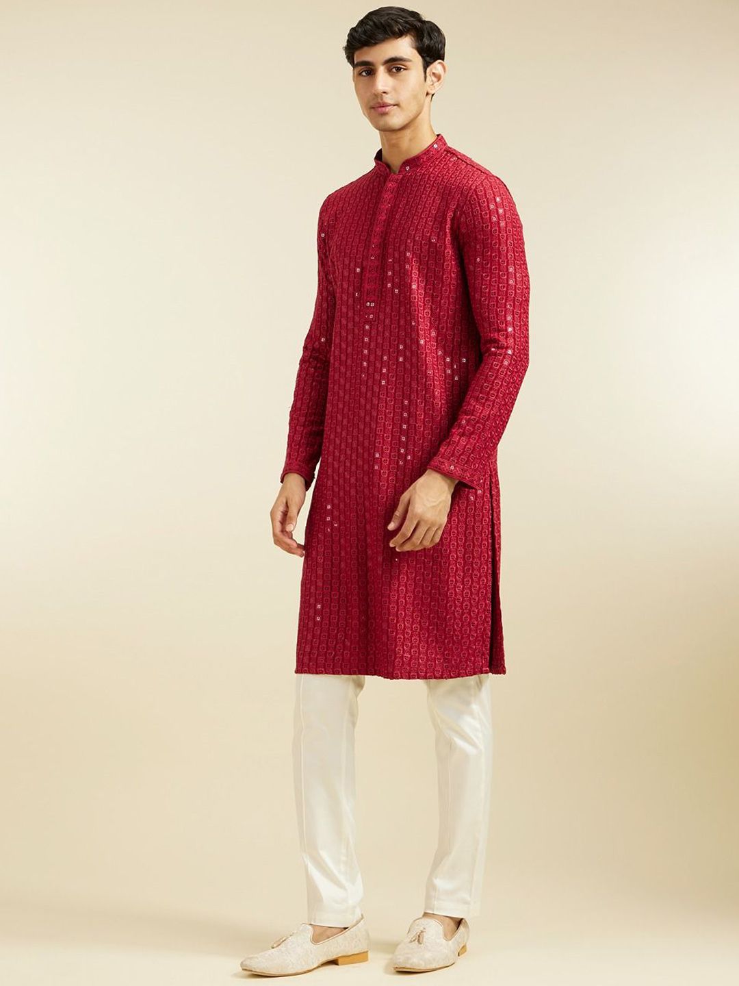 Diwas by Manyavar Geometric Chikankari Embroidered & Sequinned Mandarin Collar Kurta