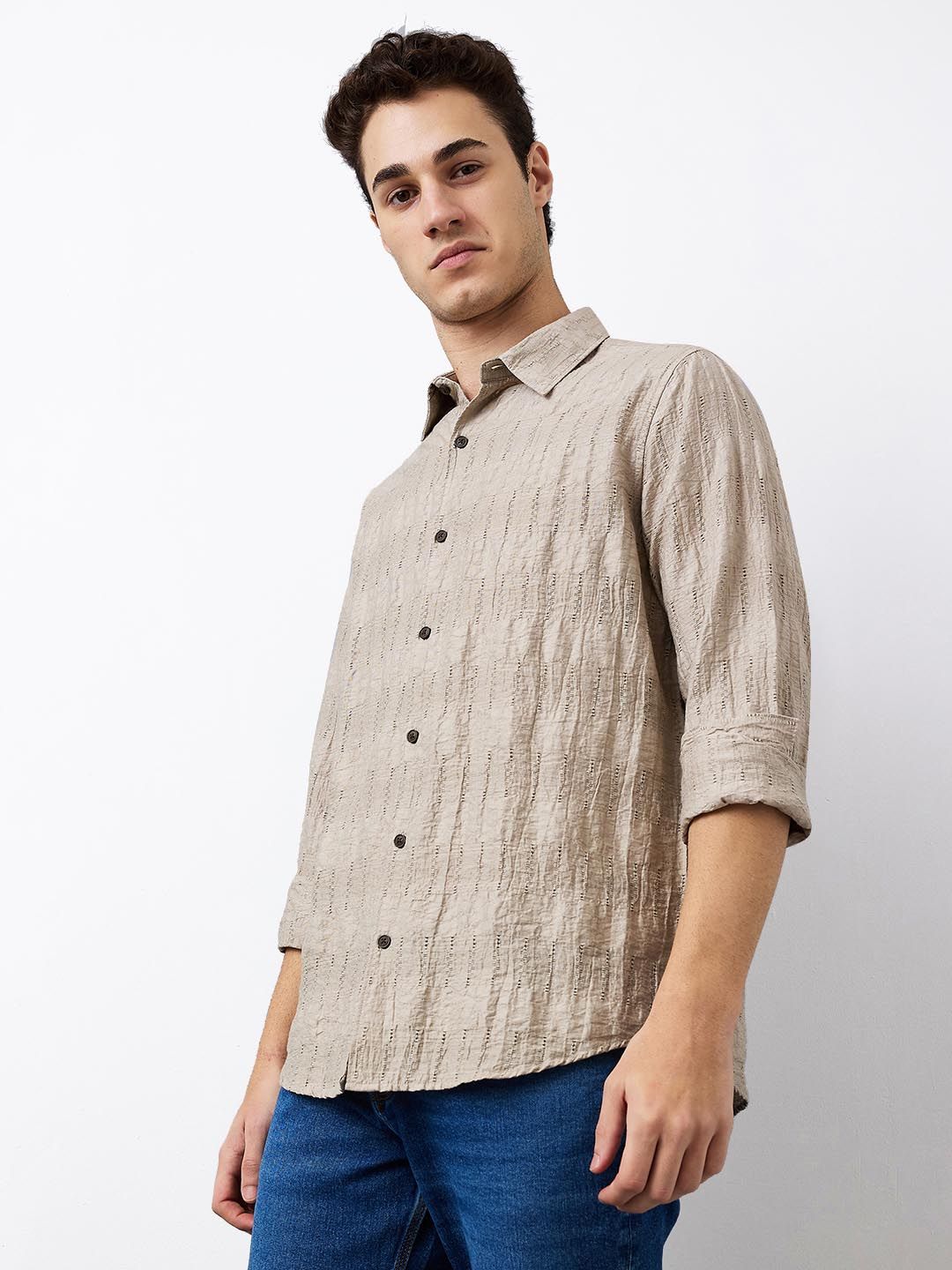 SPYKAR Men Spread Collar Textured Cotton Casual Shirt