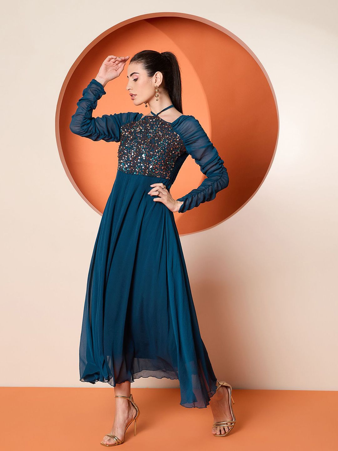 Antheaa Women Halter Neck Sequined Embellished Maxi Dress