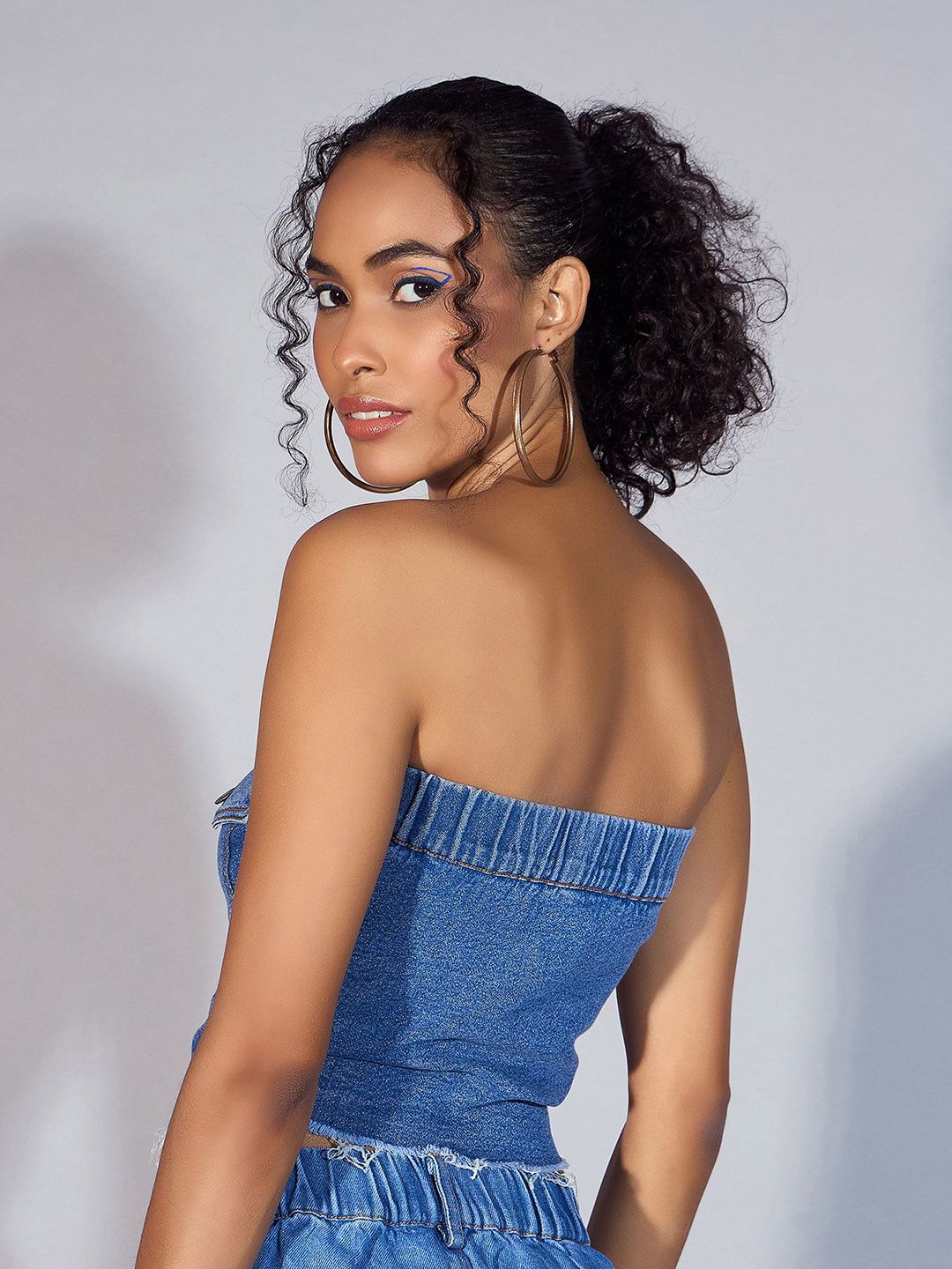 SASSAFRAS Print Off-Shoulder Cotton Denim Tube Top