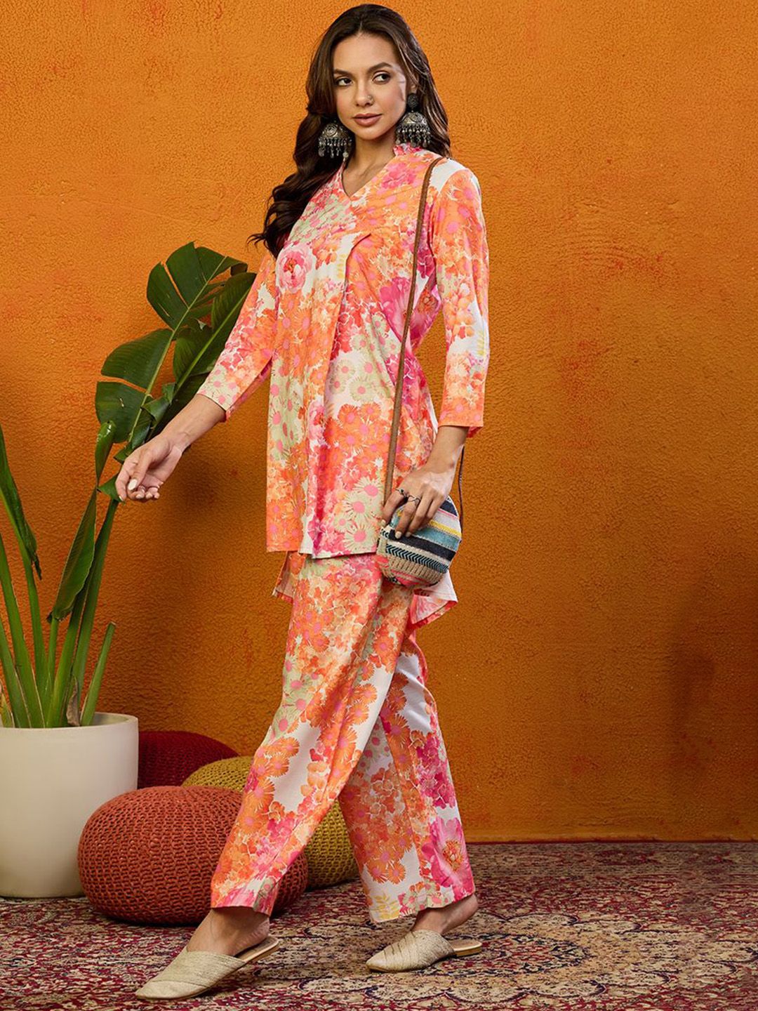 KALINI Printed Mandarin Collar Top With Trousers