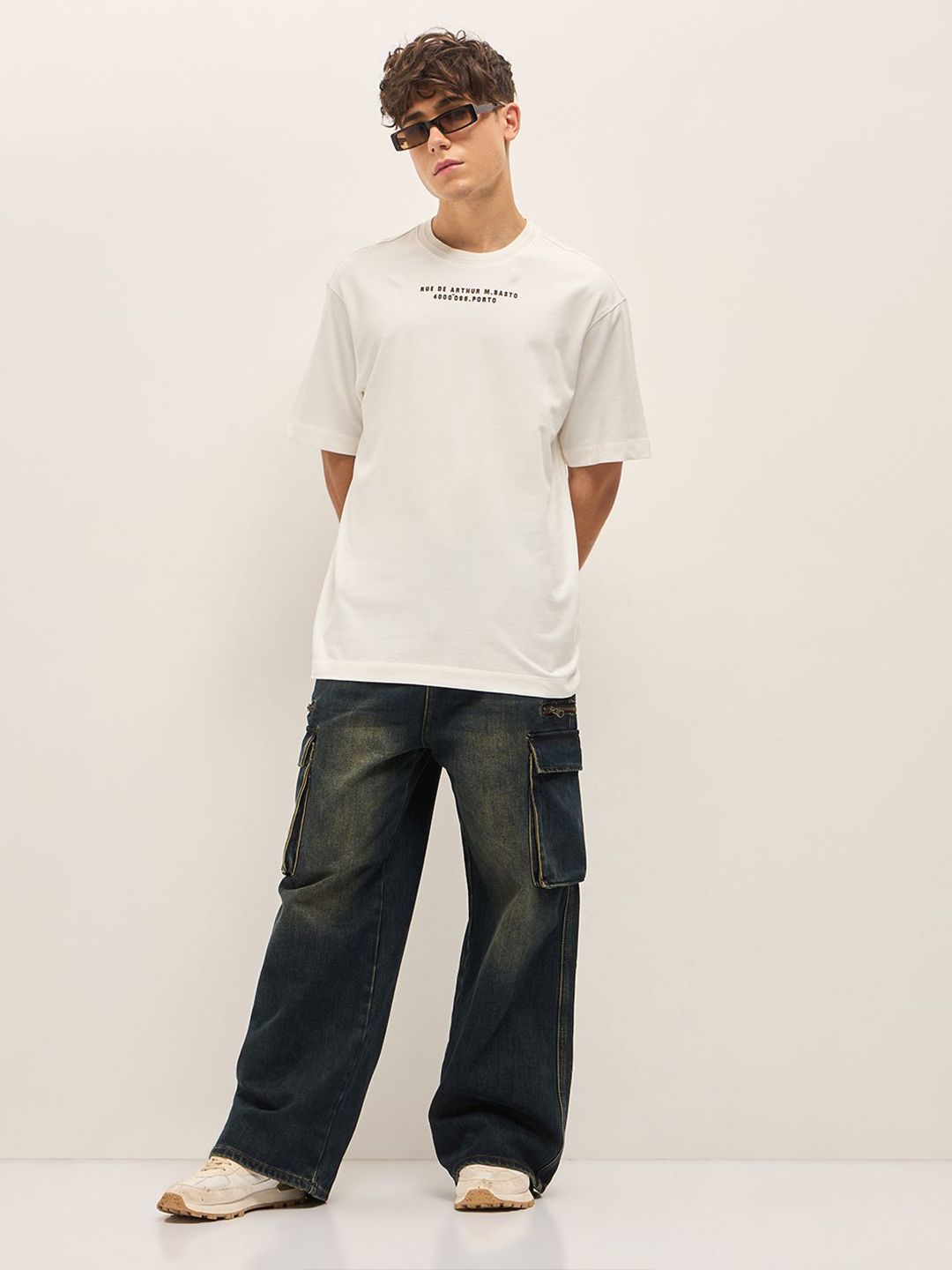 THE BEAR HOUSE Typography Printed Drop Shoulder Sleeves Cotton Oversized T-shirt