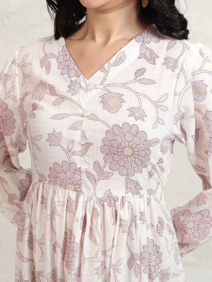 Vishudh Floral Printed Puff Sleeves Fit and Flare Midi Dress
