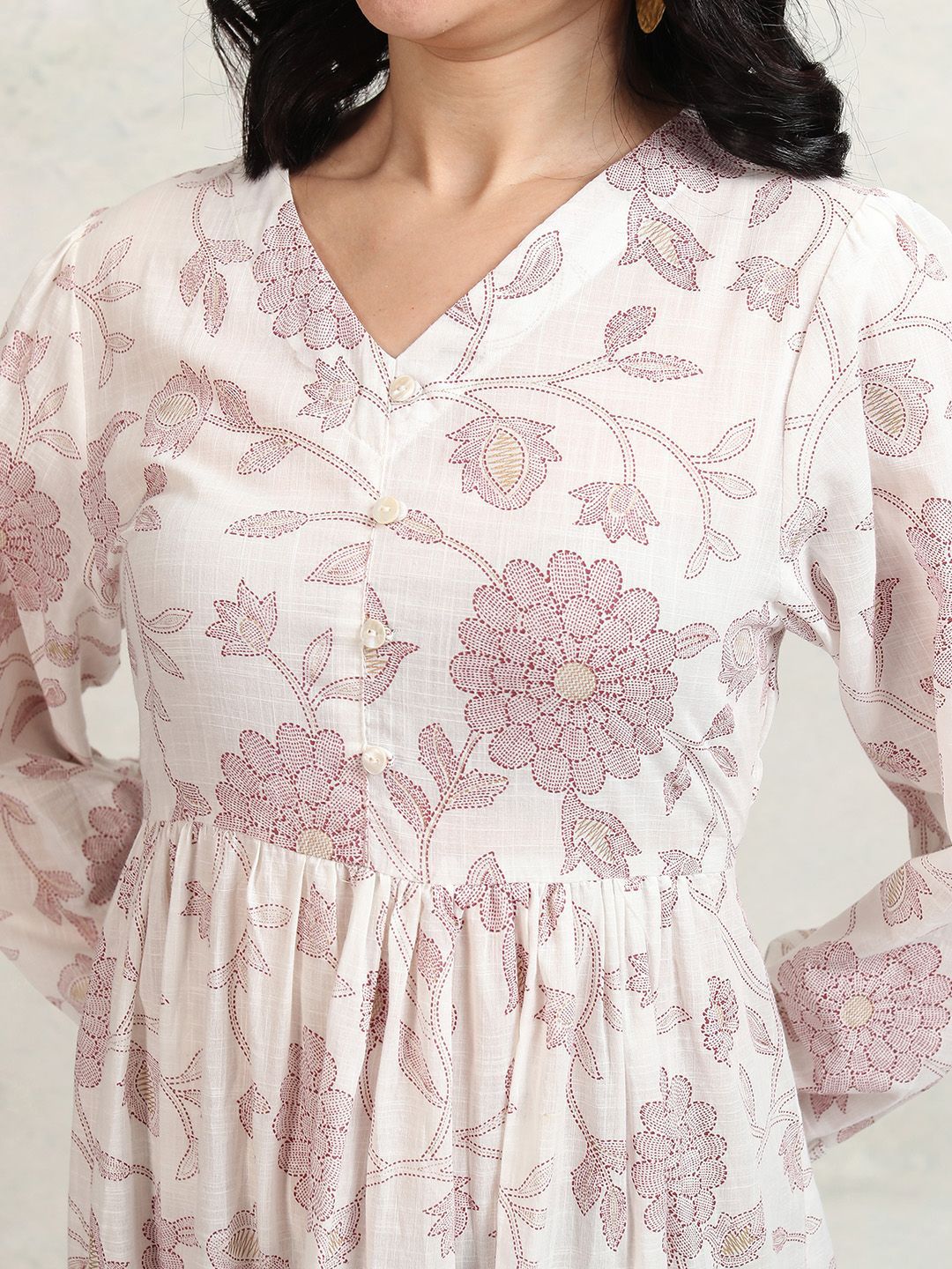 Vishudh Floral Printed Puff Sleeves Fit and Flare Midi Dress