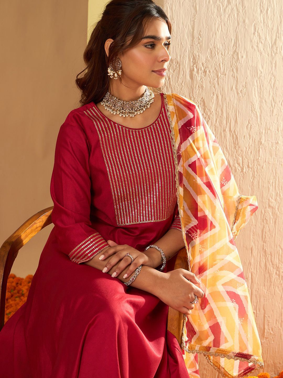 Indo Era Chevron Embroidered Sequinned Liva A-Line Kurta With Trousers & With Dupatta