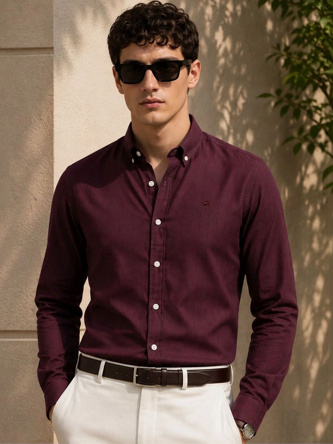 ADRO Men Maroon Striped Regular Fit Casual Cotton Shirt