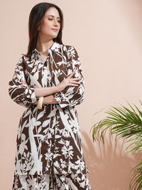 Vishudh Brown Printed Shirt collar Three-Quarter Sleeves Shirt With Palazzo