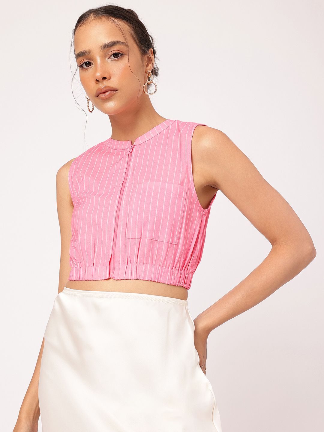 DressBerry Flamingo Flair Striped Cotton Linen Blouson Crop Top