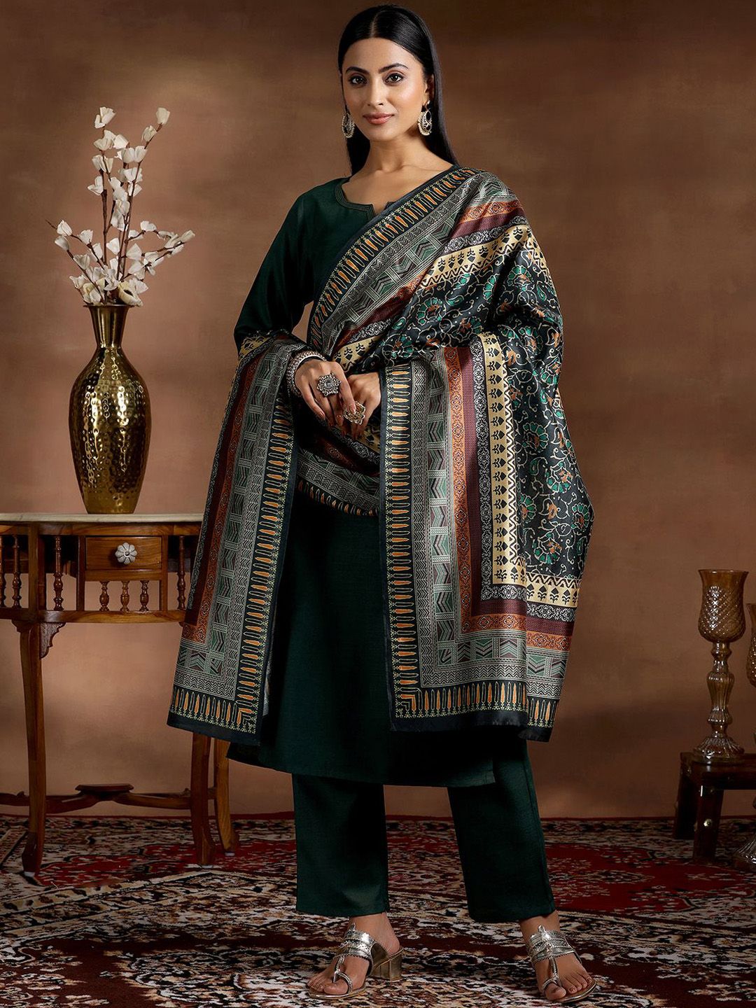 Libas Notched Neck Straight Kurta with Trousers & Dupatta