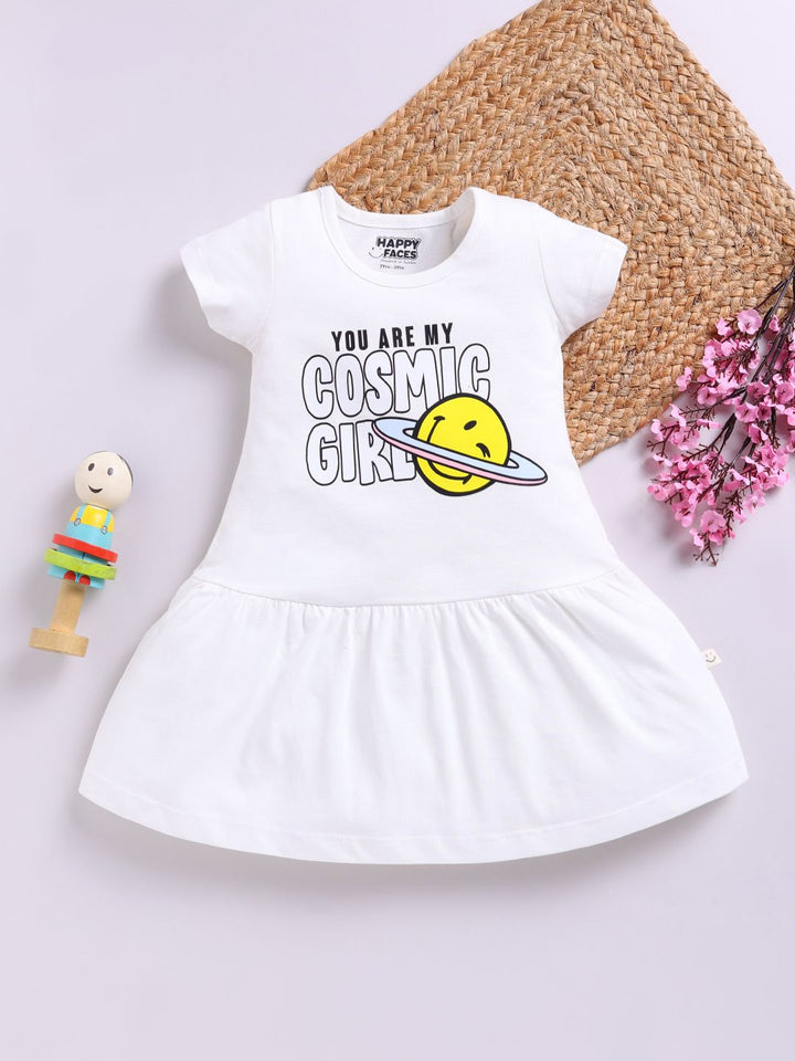 Happy Faces Girls Smiley Print Pure Cotton Fit & Flare Dress