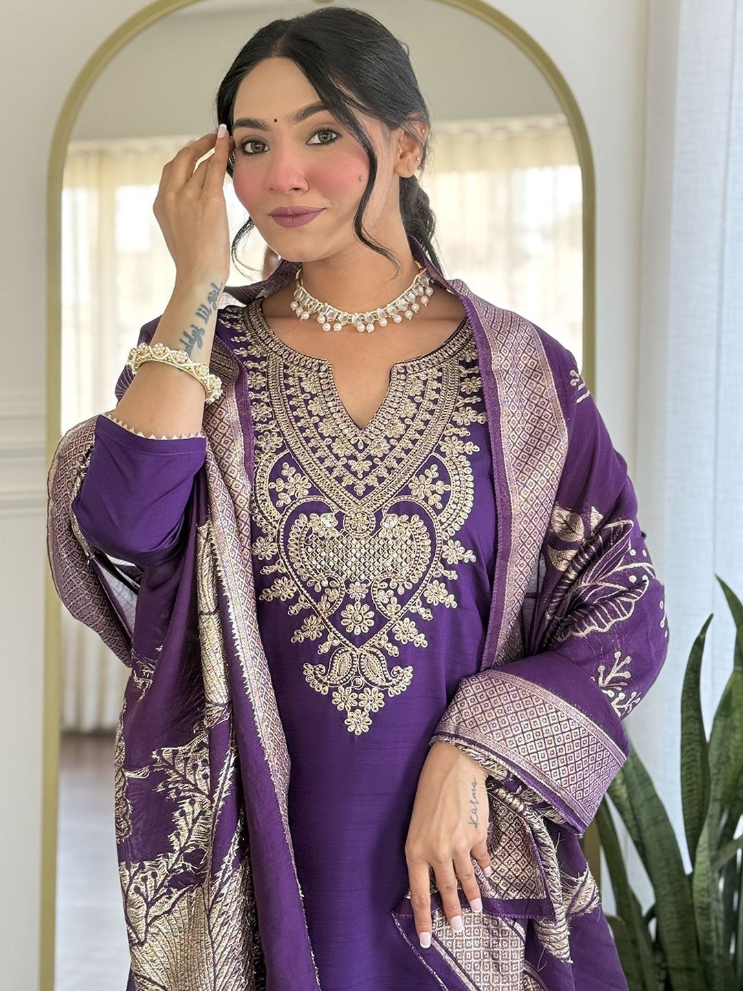 KALINI Floral Yoke Design Sequinned Pure Silk Straight Kurta With Trousers & Dupatta