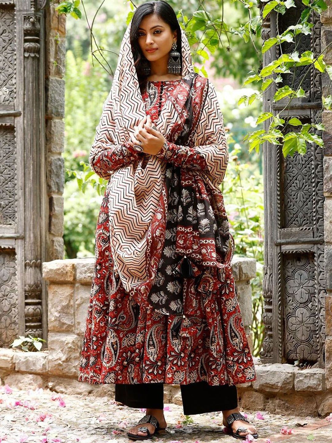 KALINI Floral Printed Round Neck Anarkali Kurta With Trousers & Dupatta