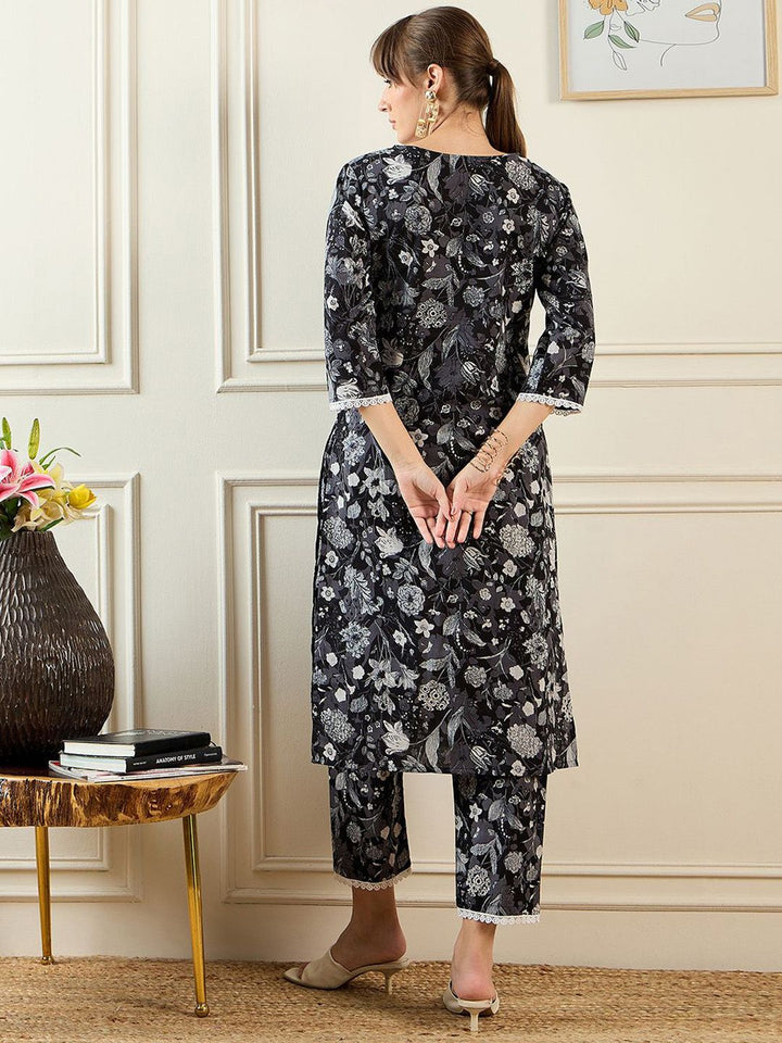 Indo Era Floral Printed Notched Neck Pure Cotton Straight Tunic With Trouser