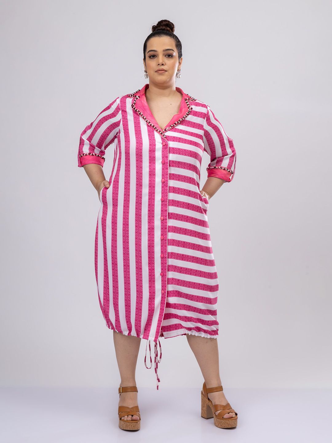 Mamicha Women Striped Shirt Collar Roll-Up Sleeves Midi Shirt Dress