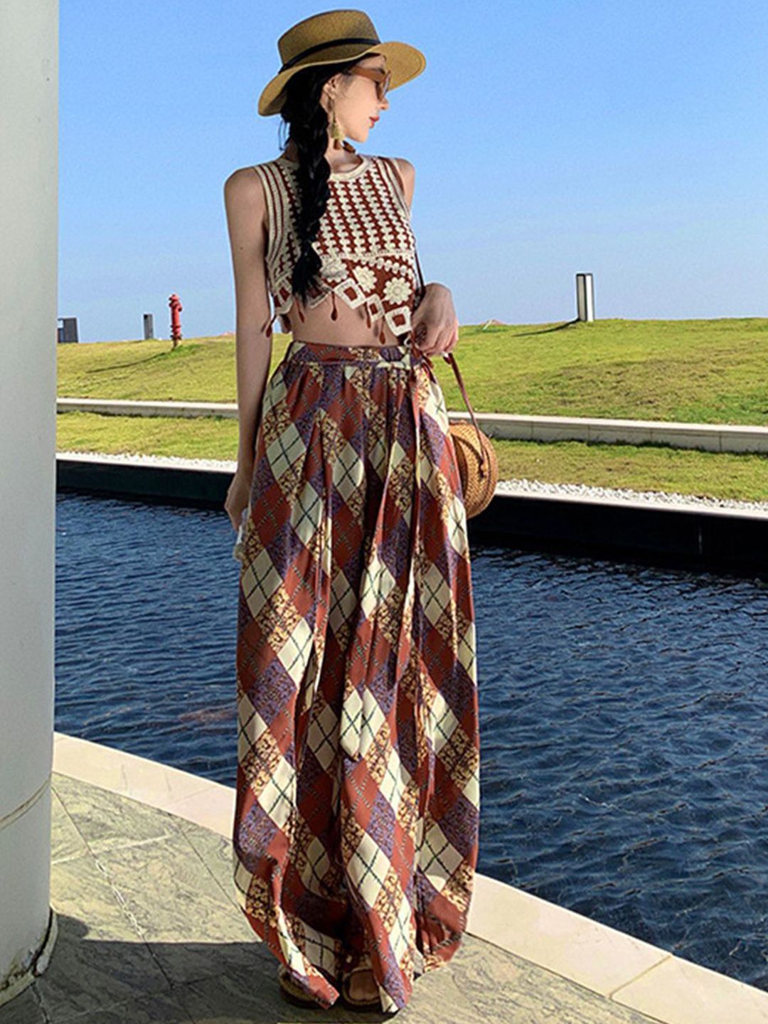 DressBerry Embroidered Round Neck Crop Top With Printed Maxi Skirt Co-Ords