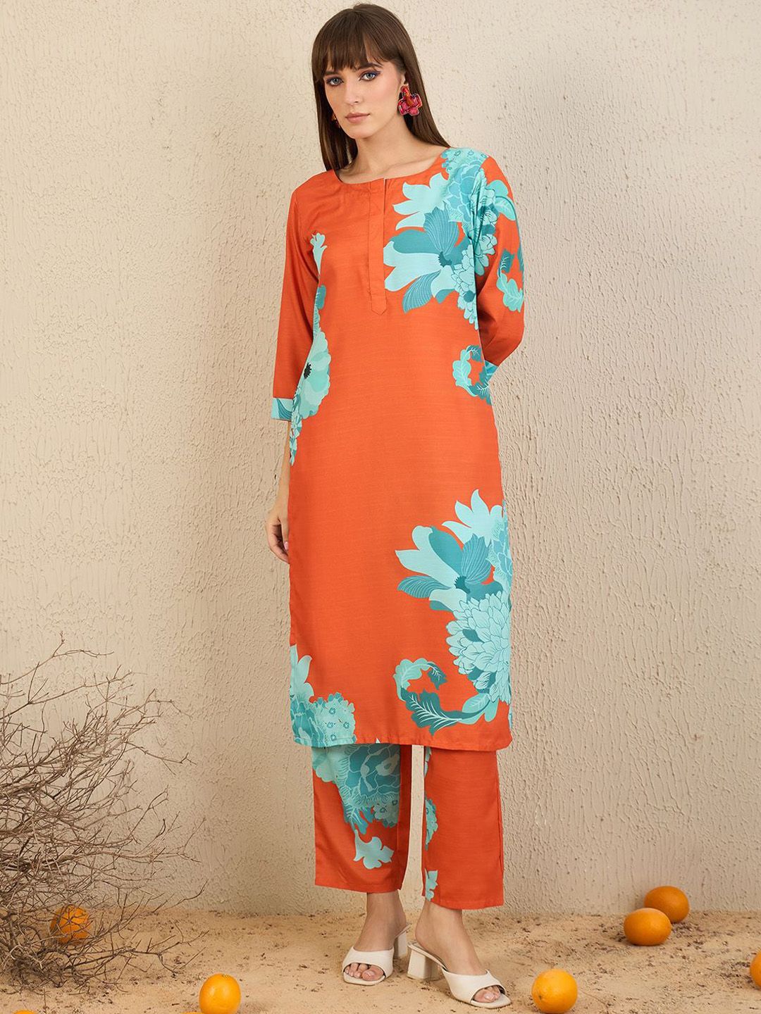 Indo Era Floral Printed Straight Kurta With Trousers