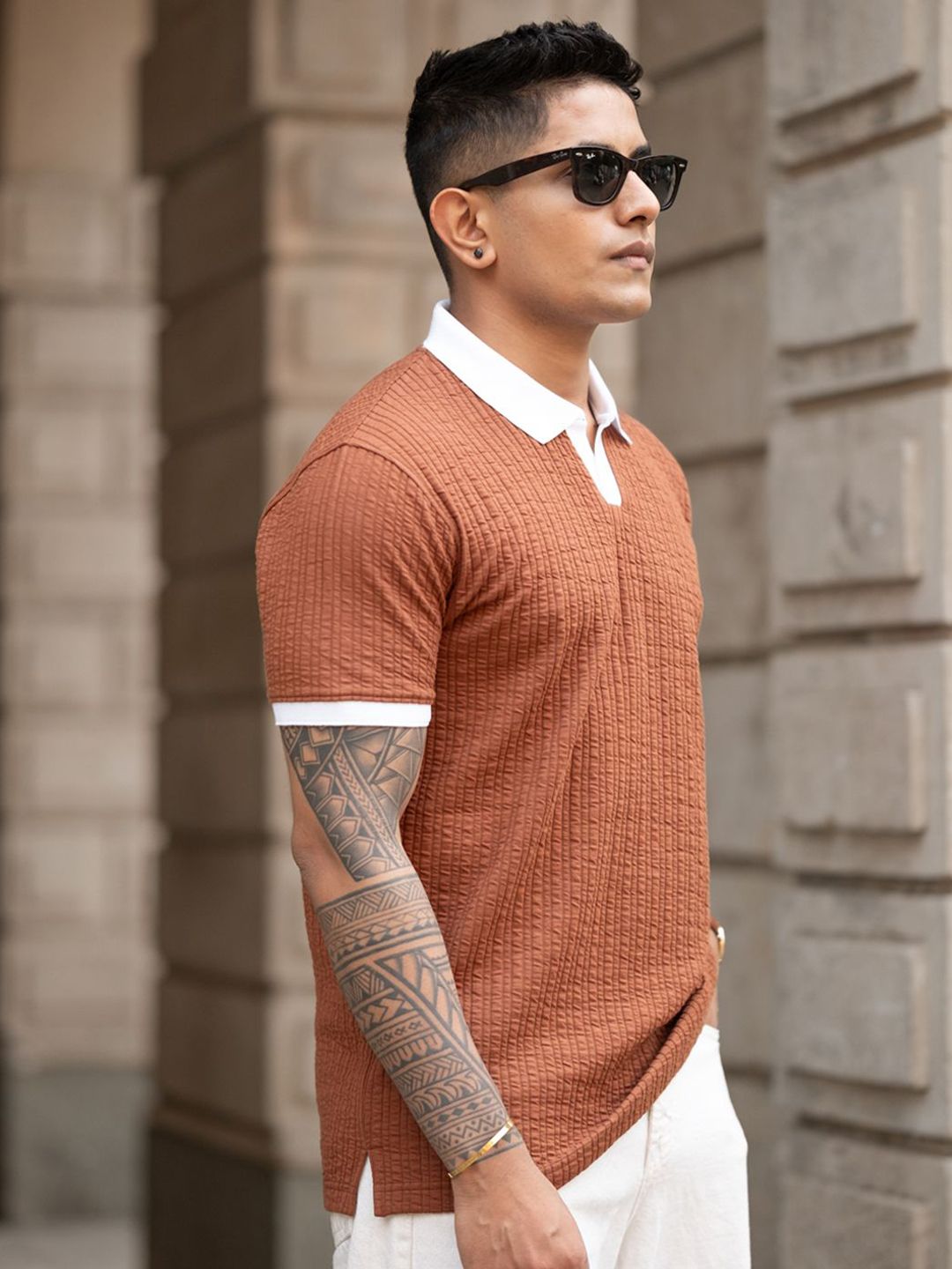 Powerlook Men Self Design Polo Collar Cotton T-shirt