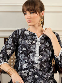Indo Era Floral Printed Notched Neck Pure Cotton Straight Tunic With Trouser