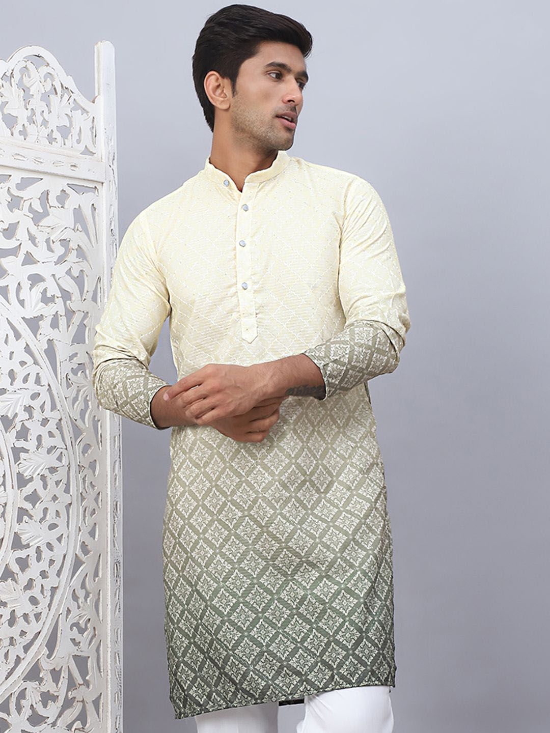 Jompers Floral Printed Mandarin Collar Sequins Ombre Straight Kurta