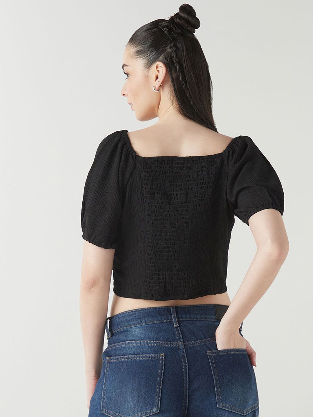 Bewakoof Women Square Neck Puff Sleeves Crop Top