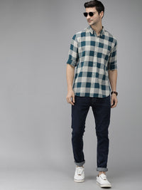 THE BEAR HOUSE Men Teal Blue Pure Cotton Checked Slim Fit Flannel Shirt