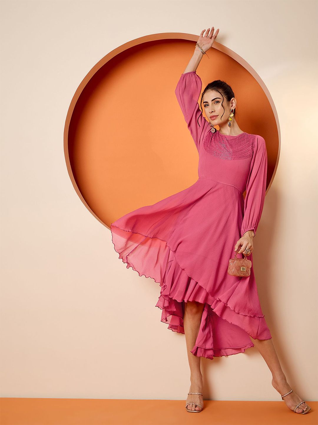 Antheaa Embellished Puff Sleeve Chiffon Fit & Flare Dress