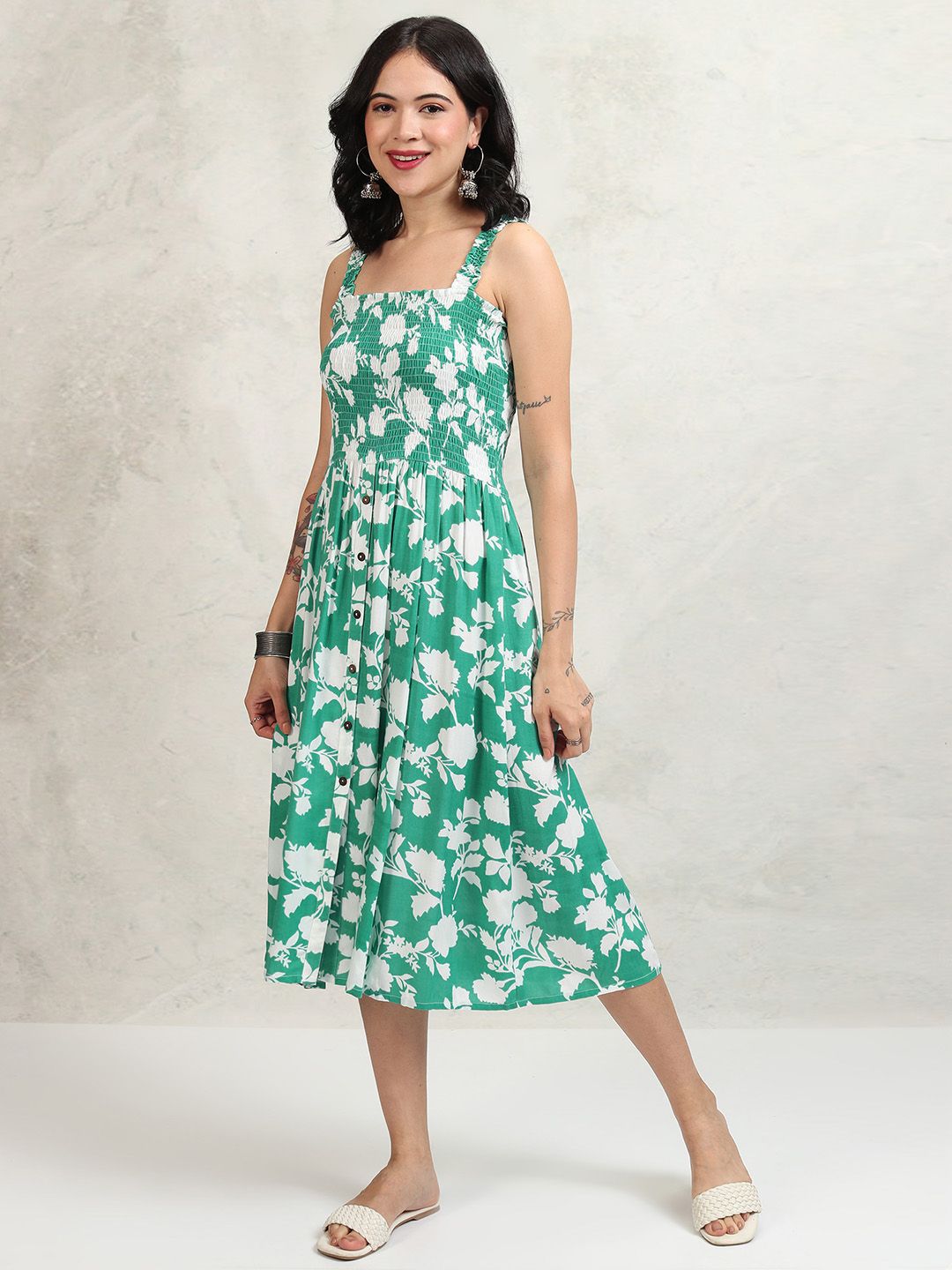 Vishudh Floral Print A-Line Midi Dress