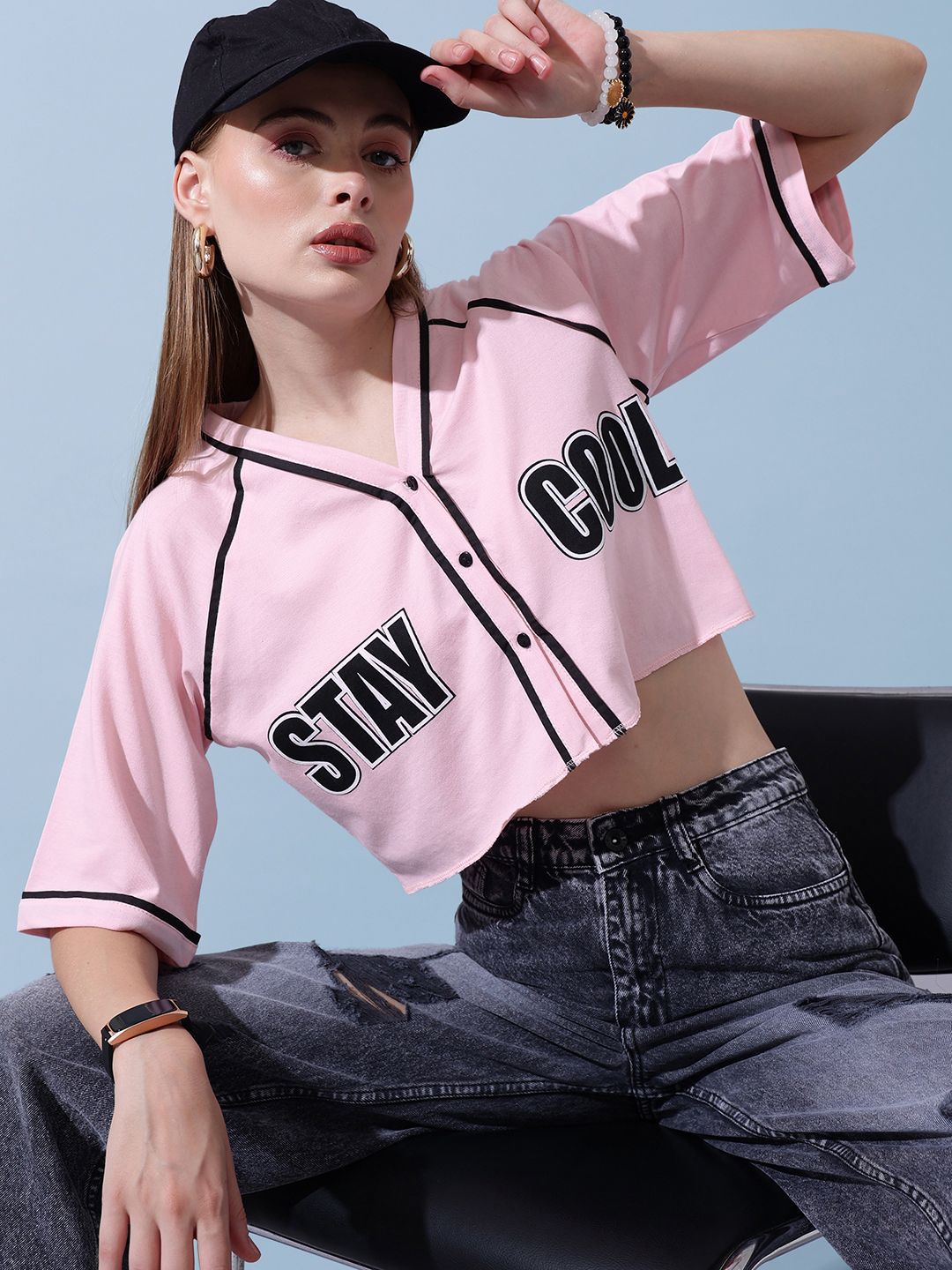 STREET 9 Women Typography Printed V-Neck Cotton Top