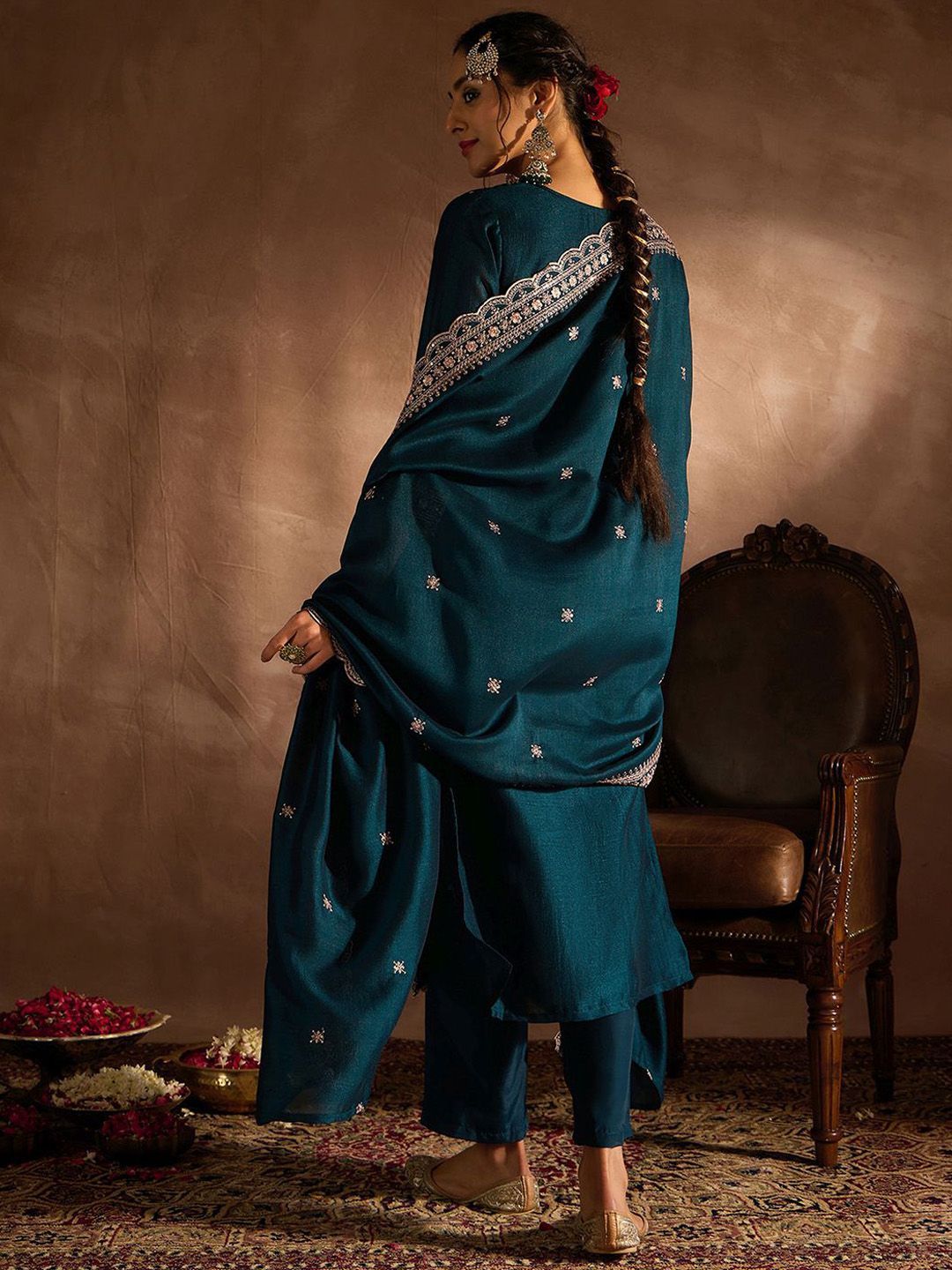 Indo Era Ethnic Motifs Embroidered Thread Work Straight Kurta With Trousers & Dupatta