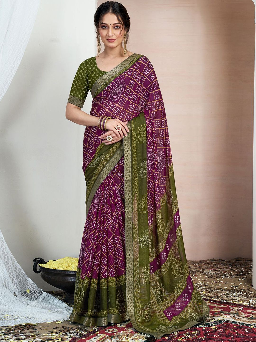 KALINI Bandhani Zari Pure Chiffon Bandhani Saree
